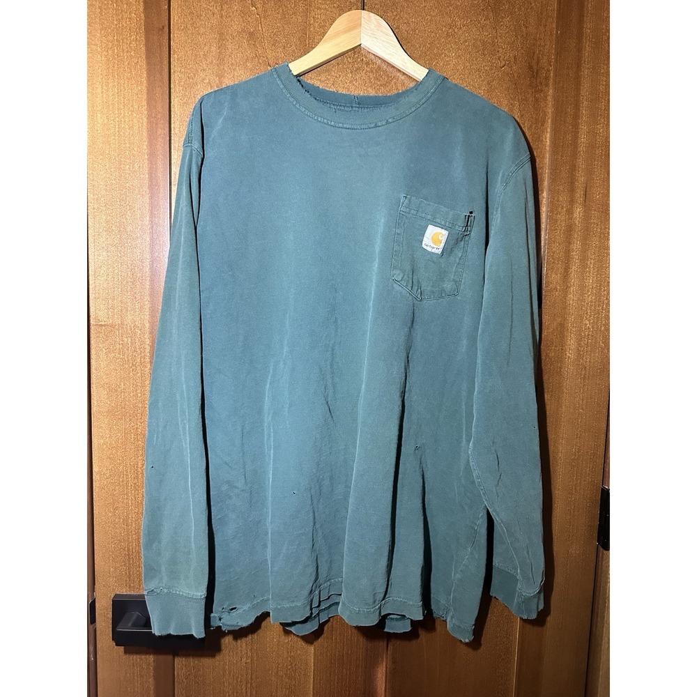 Carhartt Men's Long Sleeve Pocket Work Shirt Green Distressed With Holes XL Tee